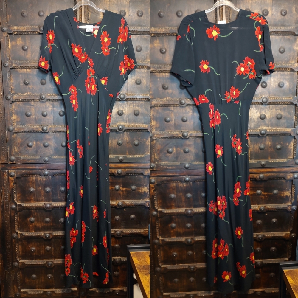Vintage Dress by Pamela Brown Whimsical Semi Sheer Maxi Red Floral Black